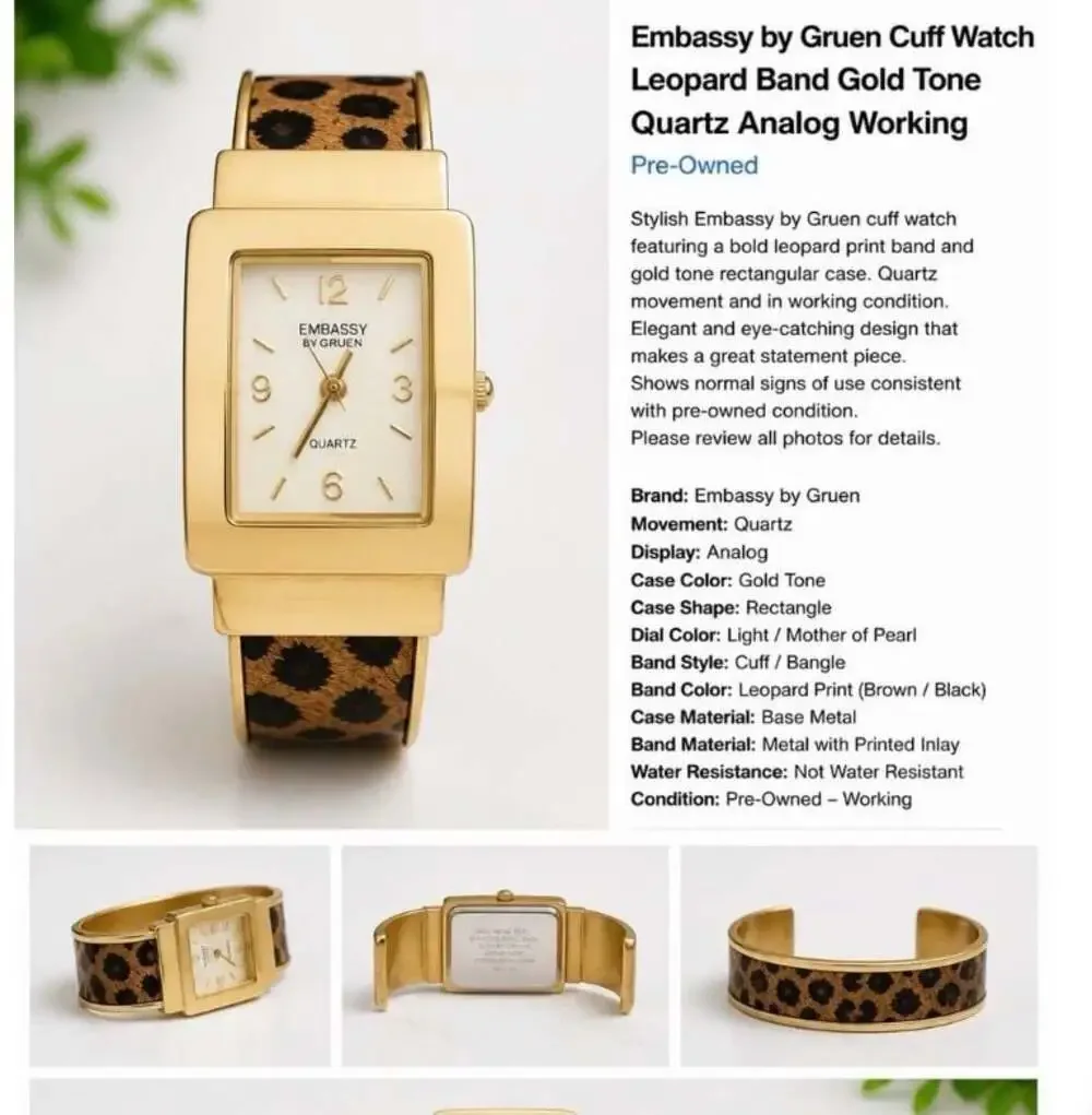 Embassy by Gruen Women’s Gold Tone Rectangle Cuff Watch Leopard Print Quartz